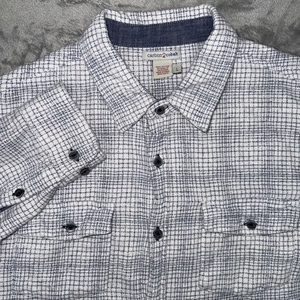 Carbon 2‎ Cobalt Flannel Shirt Mens L White Blue Plaid L/S Coton Button Up Heavy